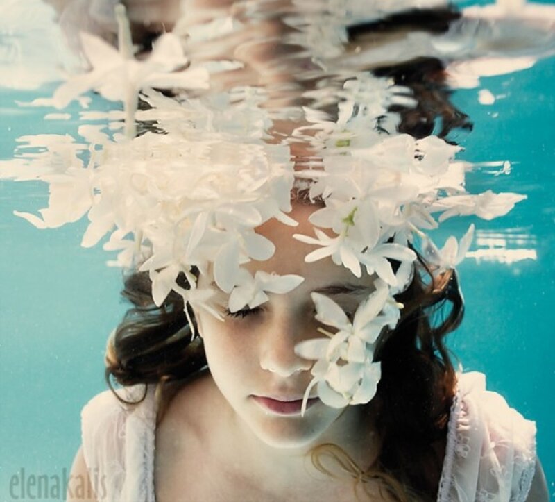 Girl Underwater with Flowers — Blue