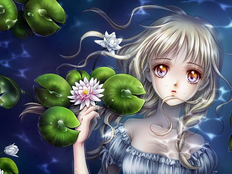 girl underwater with lotus flowers