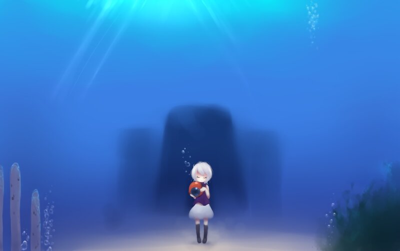 girl underwater with orb