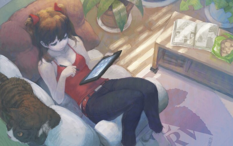 Girl Using Tablet — Red, Calm, Afternoon