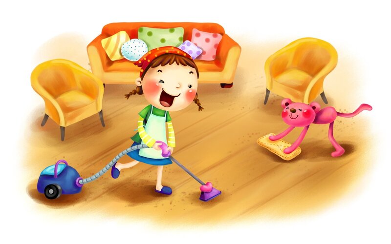 Girl vacuuming with toy cat