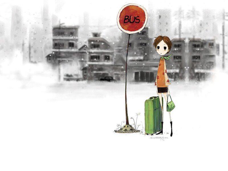 girl waiting at bus stop in snow
