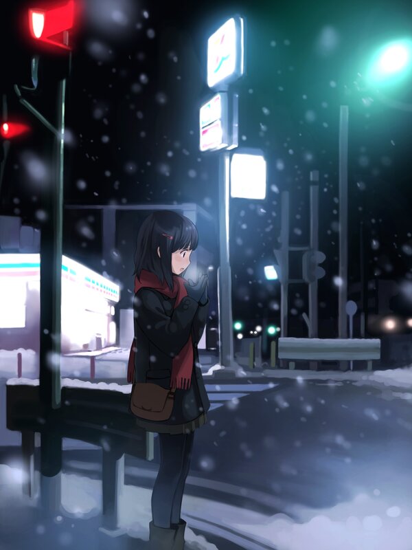 girl waiting in snowy night
