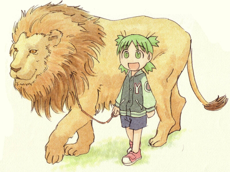 girl walking a lion