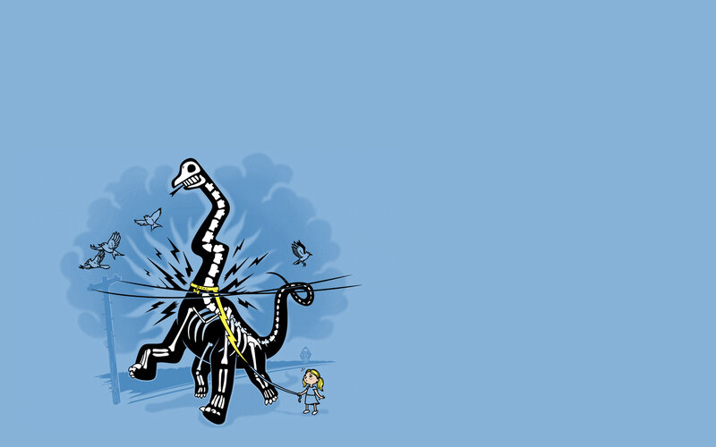 Girl walking dinosaur skeleton