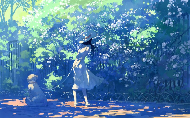 Girl Walking Dog — Blue