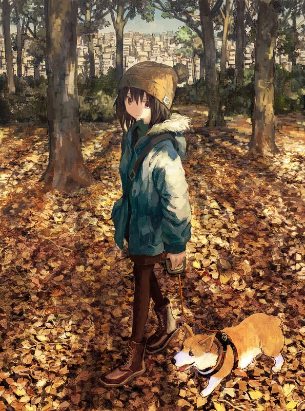 Girl Walking Dog — Brown