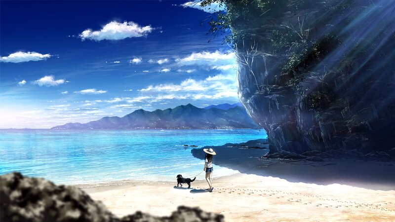 Girl Walking Dog on Beach — Blue