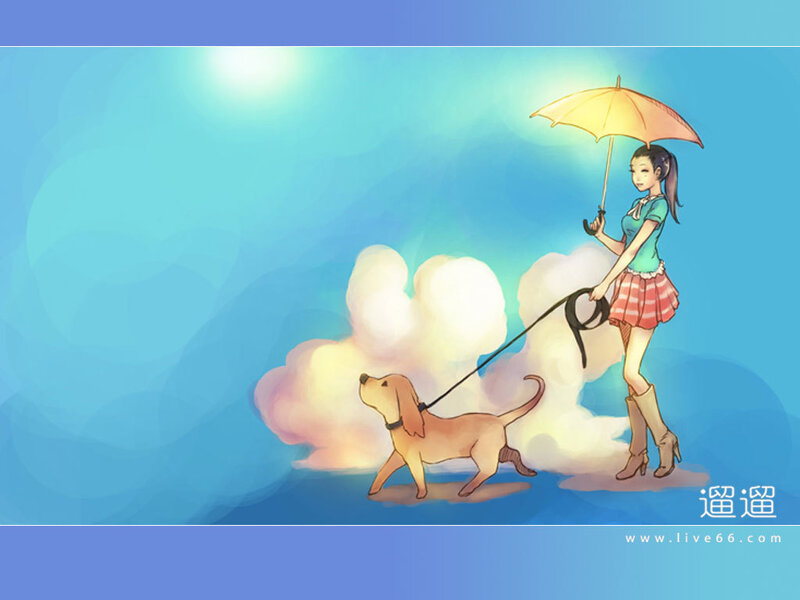 Girl walking dog with umbrella