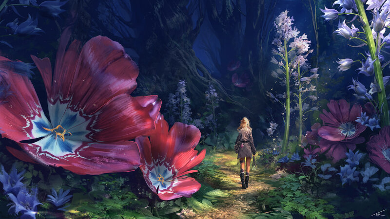Girl Walking in Forest — Purple