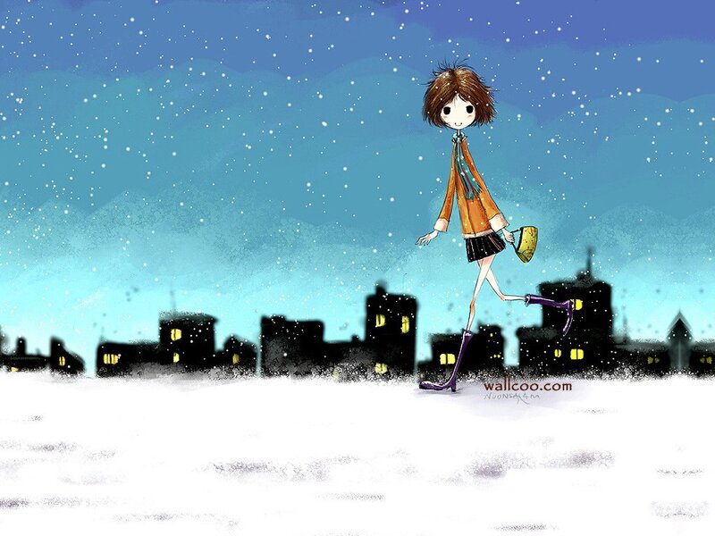 Girl walking in snowy city