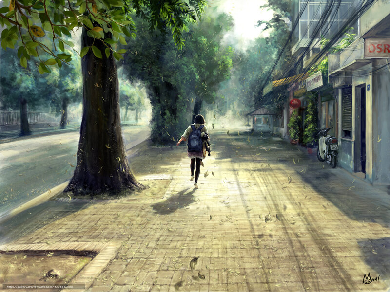 Girl walking on a leafy street