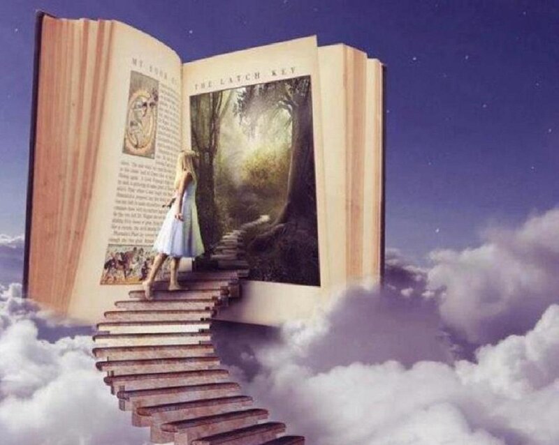 Girl Walking on Book Stairs