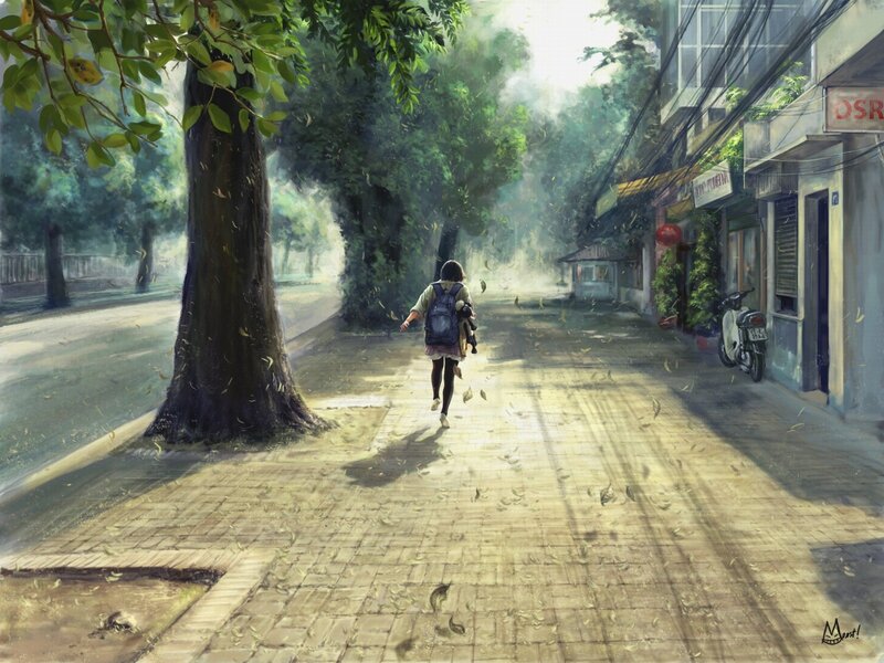 Girl Walking on Sidewalk — Green, Serene