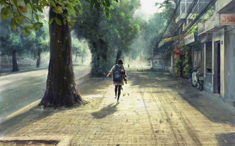 Girl Walking on Sidewalk