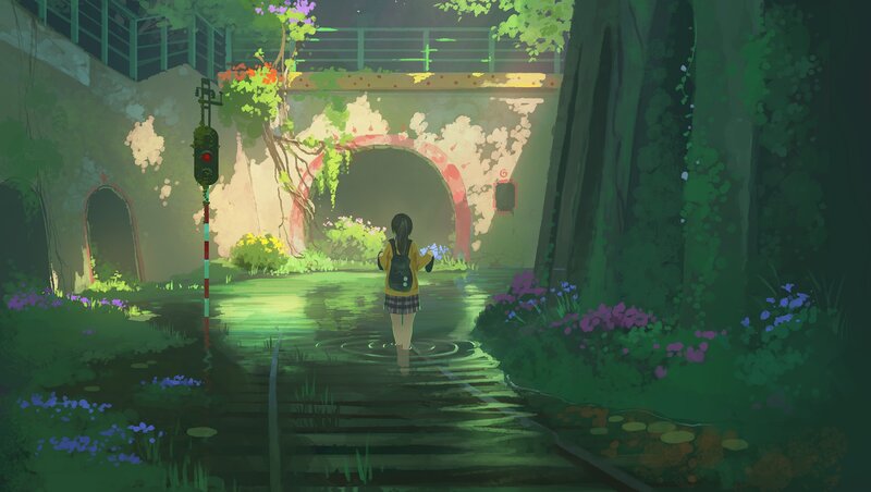 Girl Walking on Train Tracks — Green