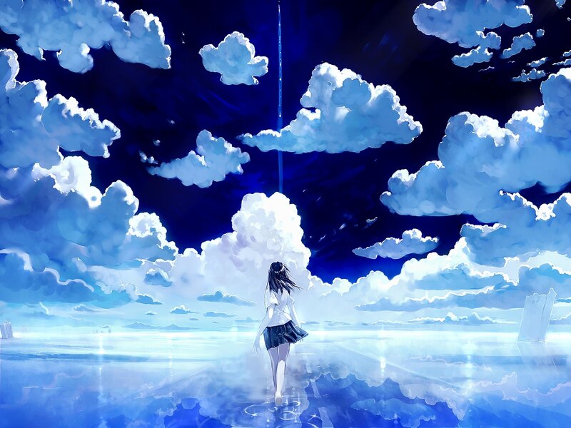 Girl Walking on Water — Blue, Serene, Night