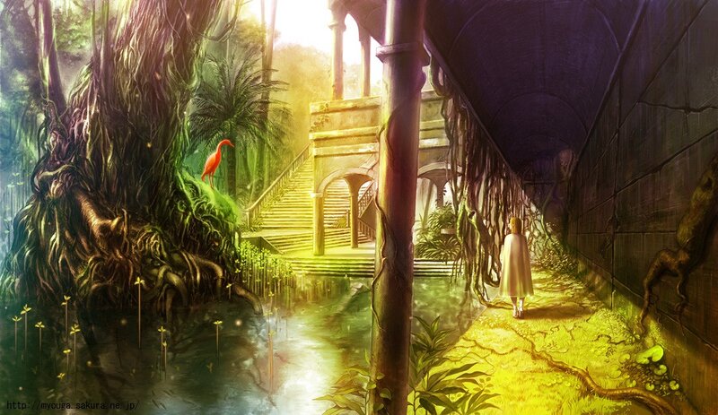 girl walking through ancient ruins