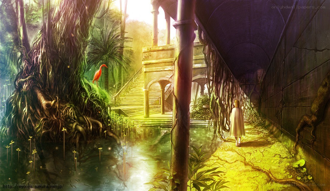 girl walking through ancient ruins