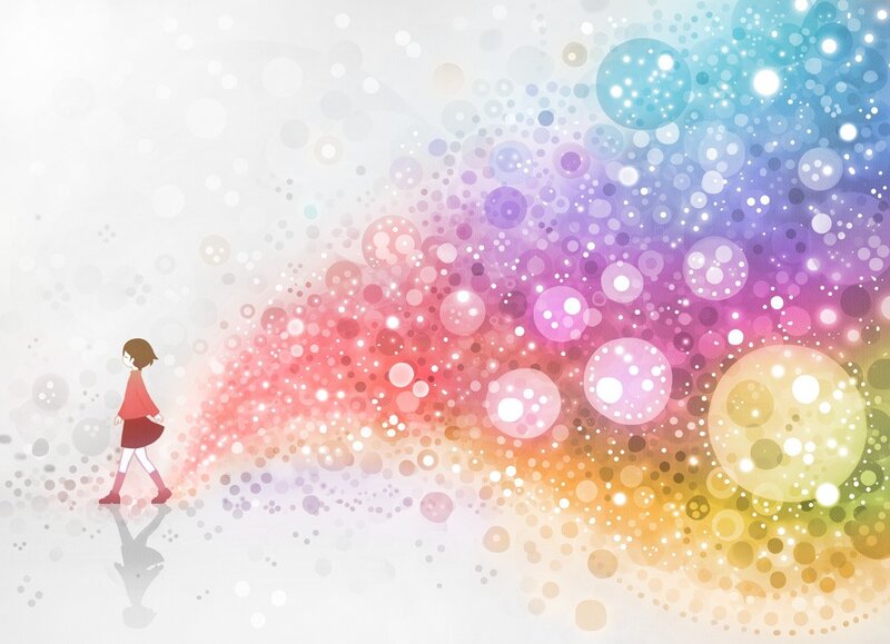 girl walking through colorful lights