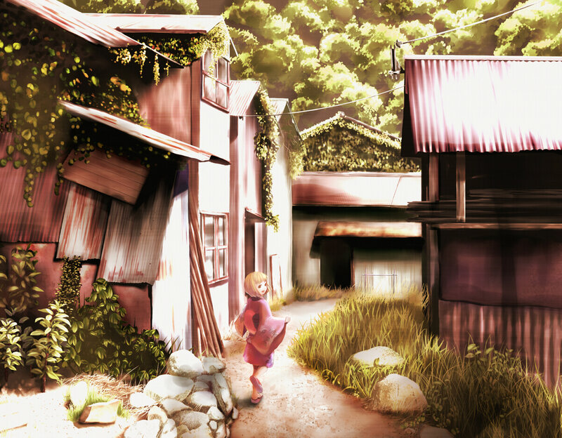 girl walking through old village
