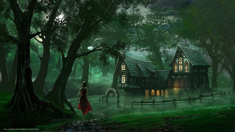 Girl walking to a cottage in the forest