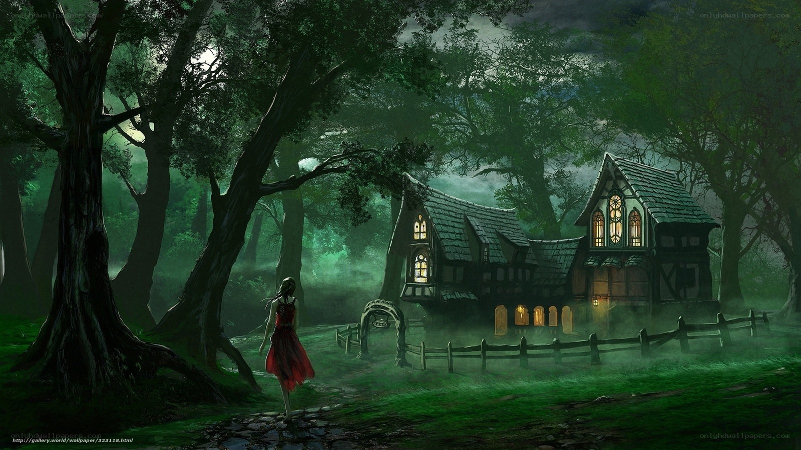 Girl walking to a cottage in the forest