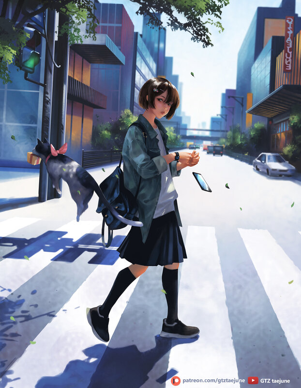 Girl Walking with Cat — Blue, Calm