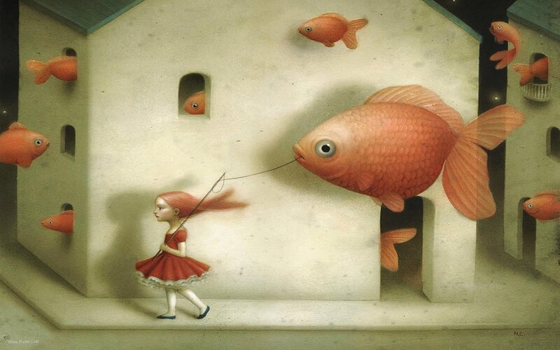 Girl Walking with Fish