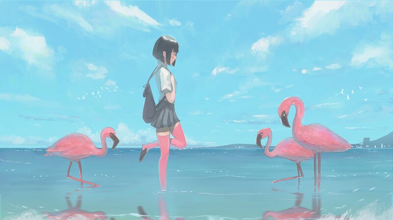 Girl Walking with Flamingos