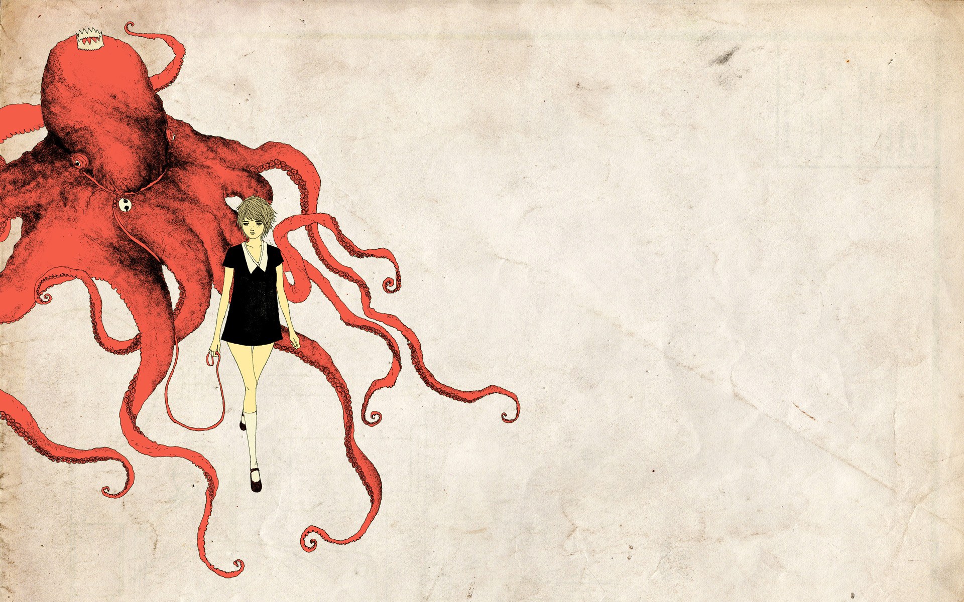 Girl walking with giant octopus
