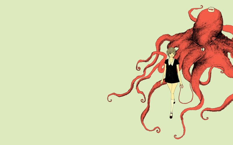 Girl Walking with Octopus — Red