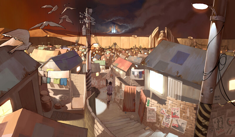 Girl walks through a slum at dusk
