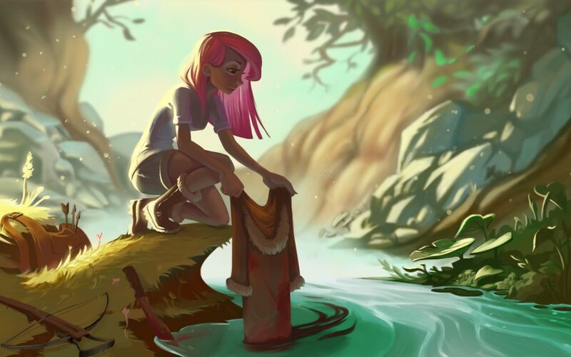 Girl Washing Clothes — Green
