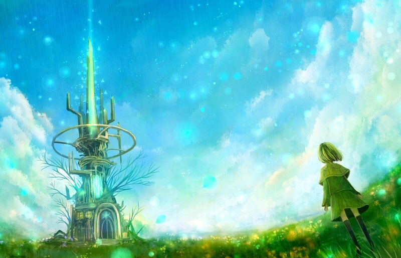 girl watching a glowing tower