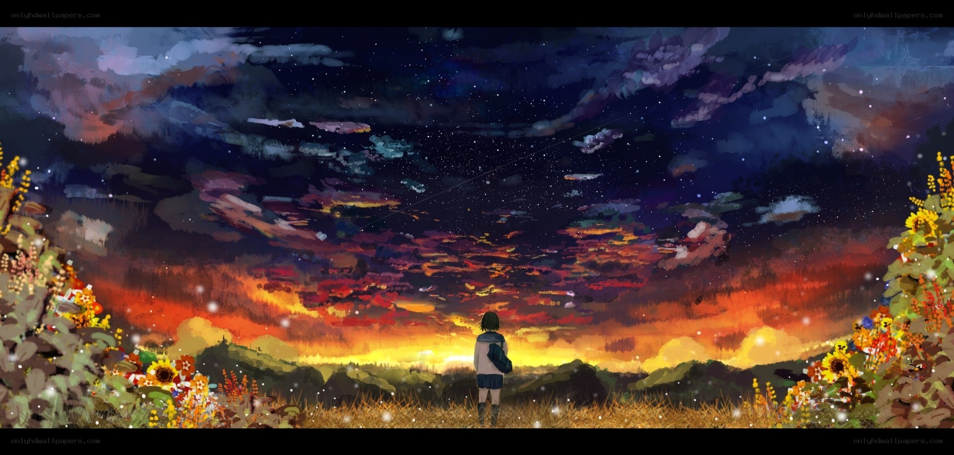 Girl watching a starry sunset