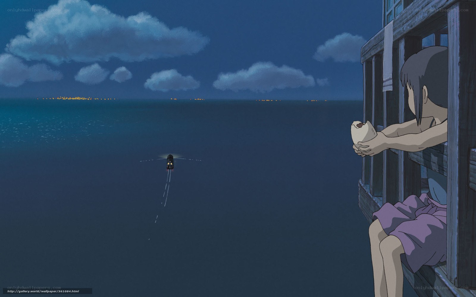 Girl watching boat at night