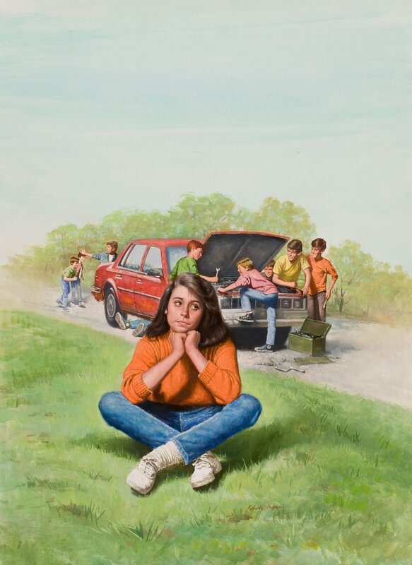 Girl watching boys fix a car