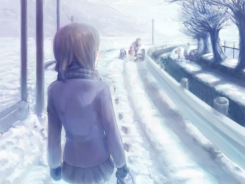 girl watching children in snow