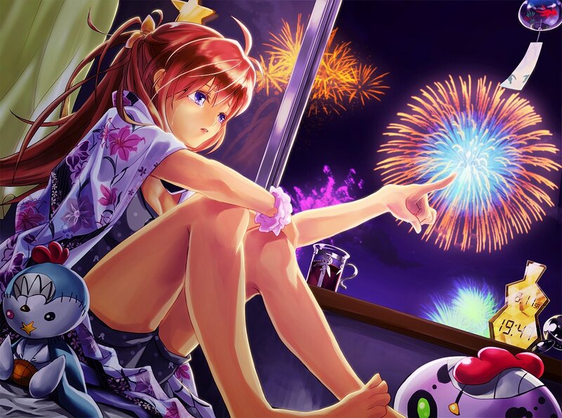 Girl watching fireworks at night