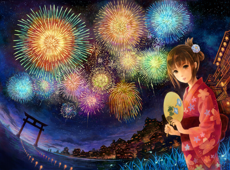 Girl watching fireworks at night