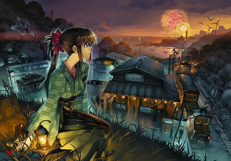 Girl watching fireworks at train station