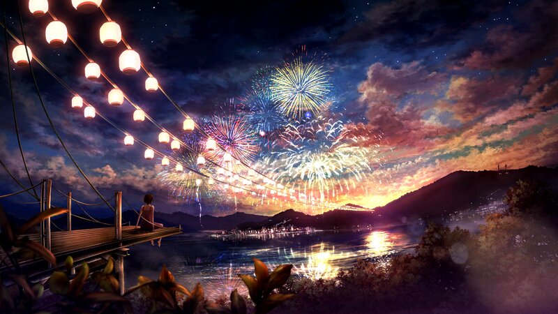 Girl Watching Fireworks — Blue, Dramatic