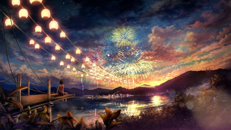 Girl Watching Fireworks — Blue, Serene