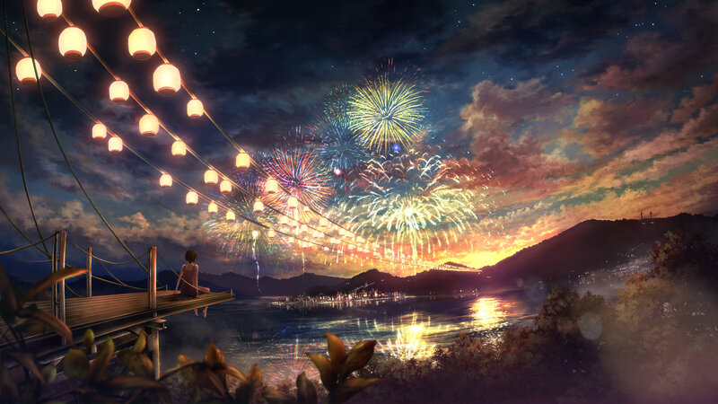 Girl Watching Fireworks — Blue