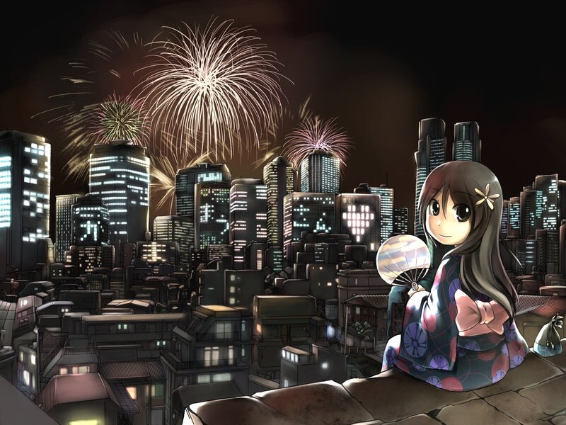 Girl watching fireworks in city