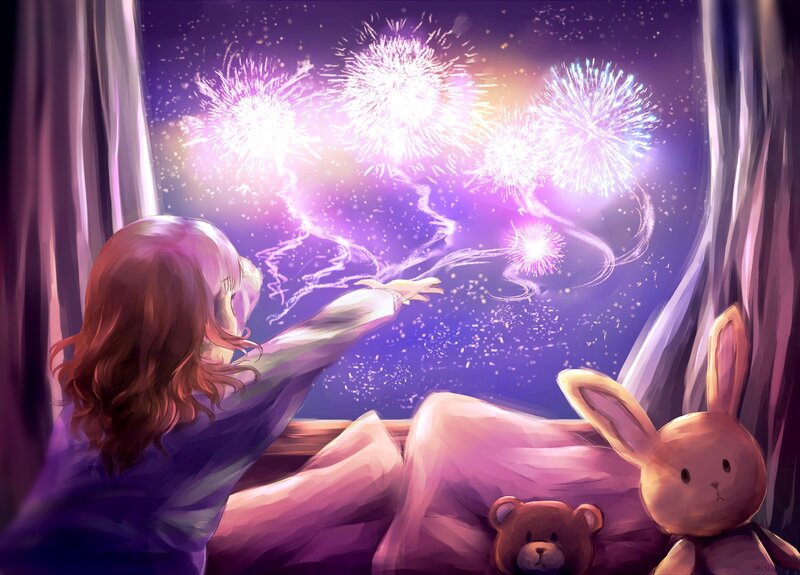 Girl Watching Fireworks — Purple, Serene