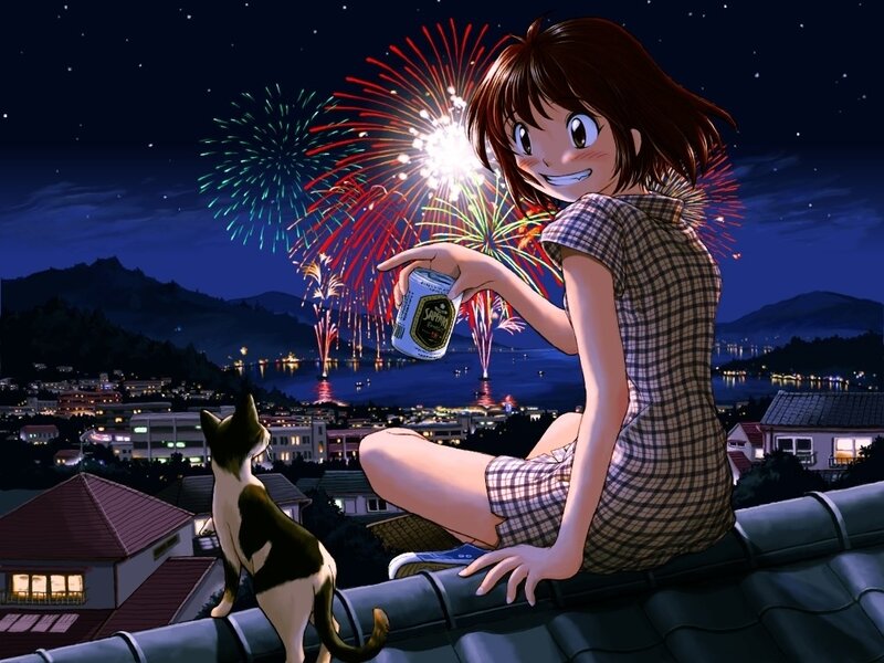 Girl watching fireworks with cat