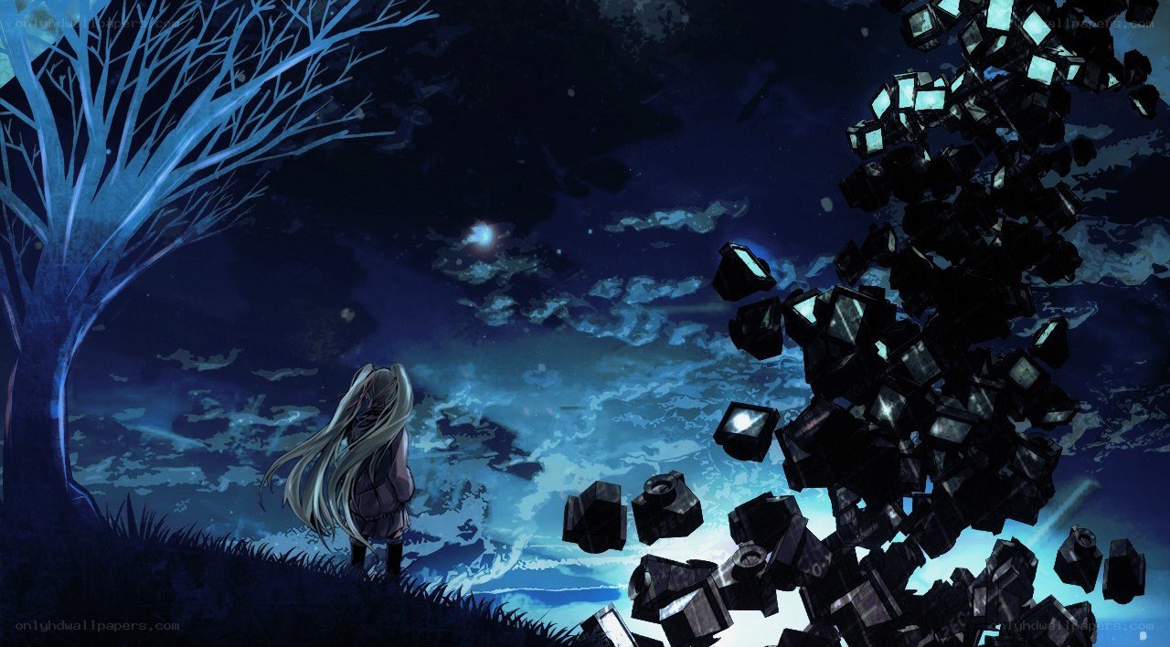 girl watching floating cubes at night