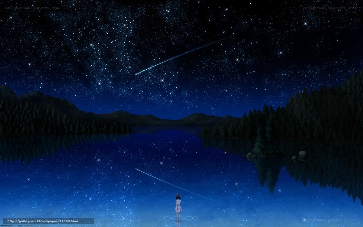 Girl watching meteor over lake